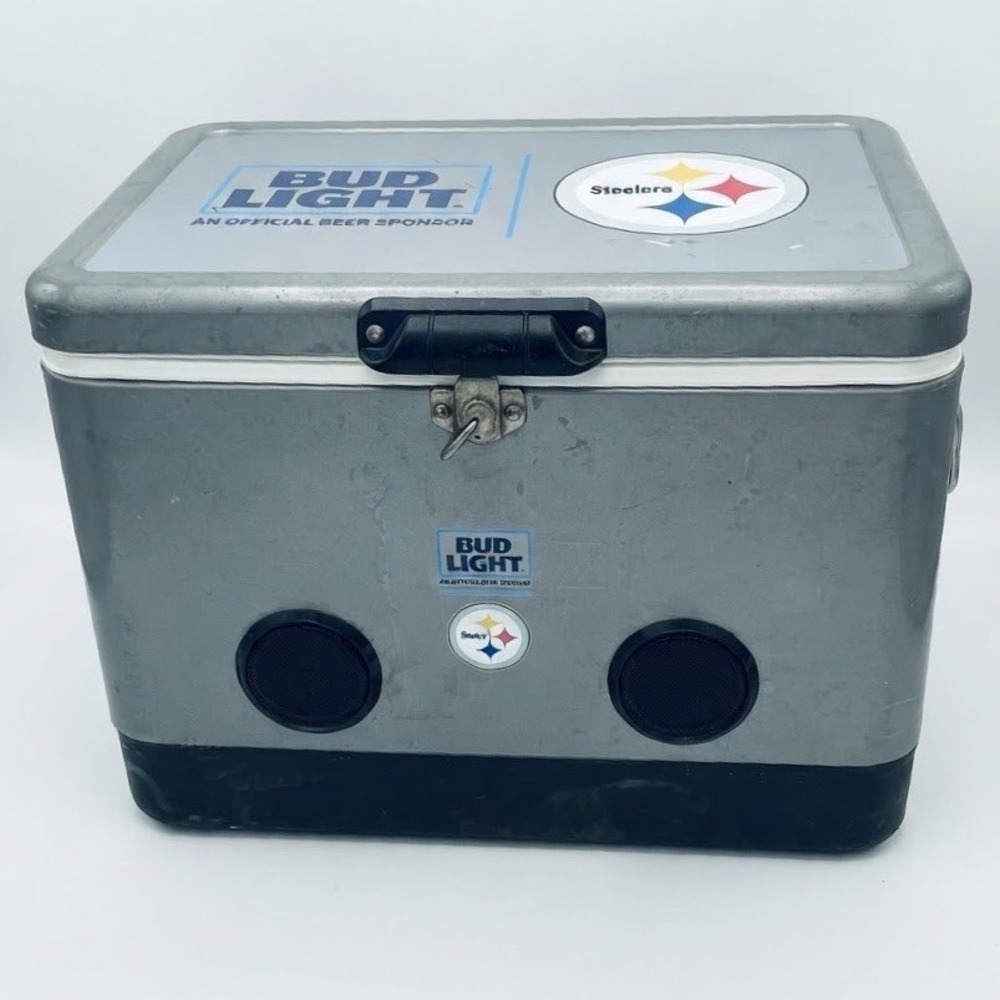 Bud Light Pittsburgh Steelers NFL Cooler with Speakers and Bottle Opener Silver